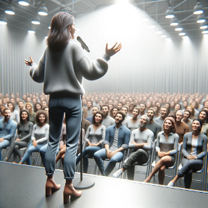 Motivational speaker addressing a captivated audience in a large auditorium.