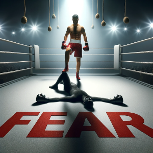 Boxer standing victorious over the word 'FEAR' on the canvas, symbolizing overcoming fear and achieving success.
