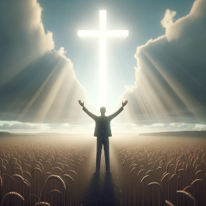 Individual standing with arms raised in a field, embracing faith and spiritual enlightenment, symbolized by a glowing cross amidst rays of sunlight.